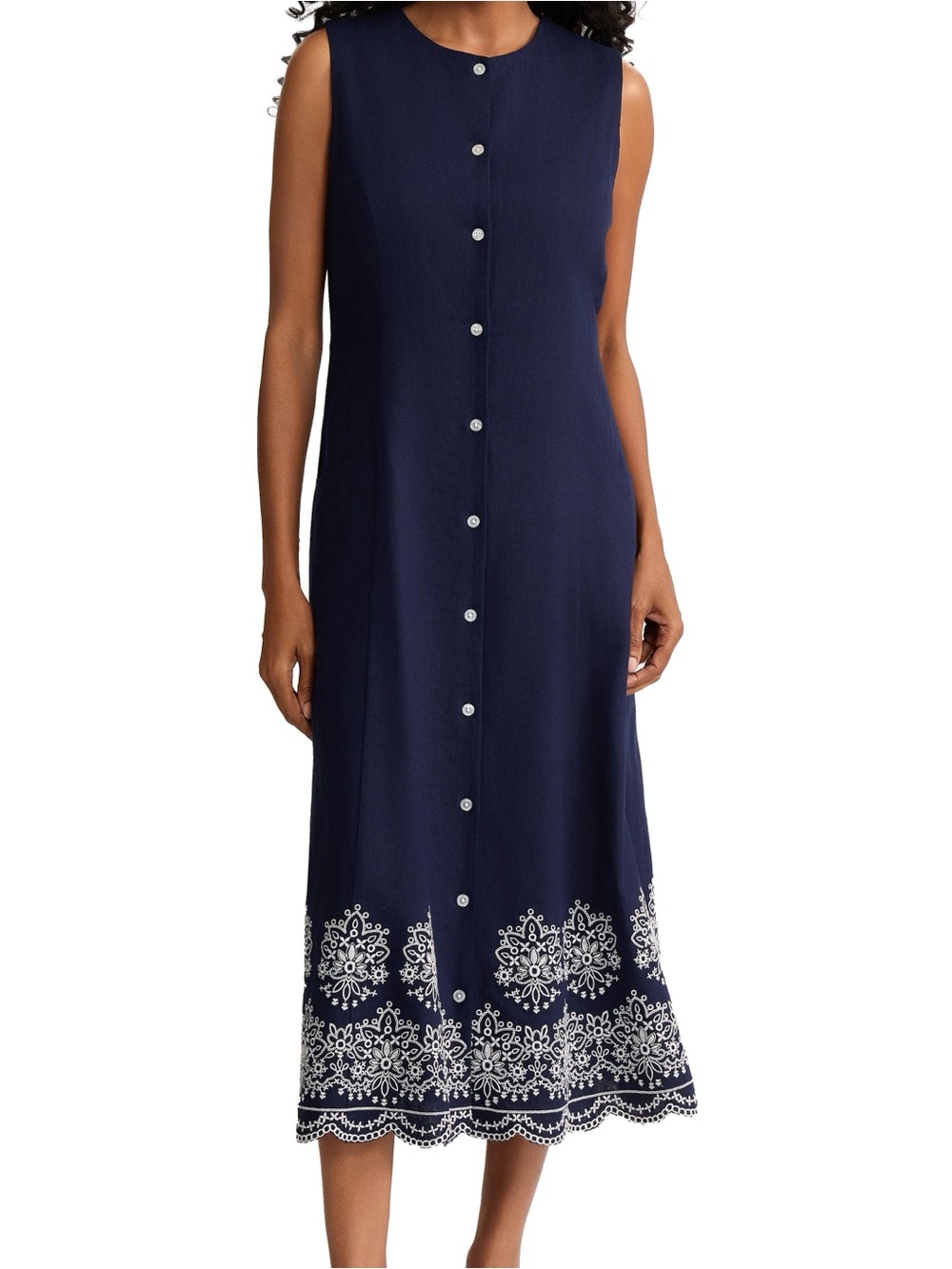 Jones New York Sleeveless Linen Blend Eyelet Hem Shirtdress – Size S